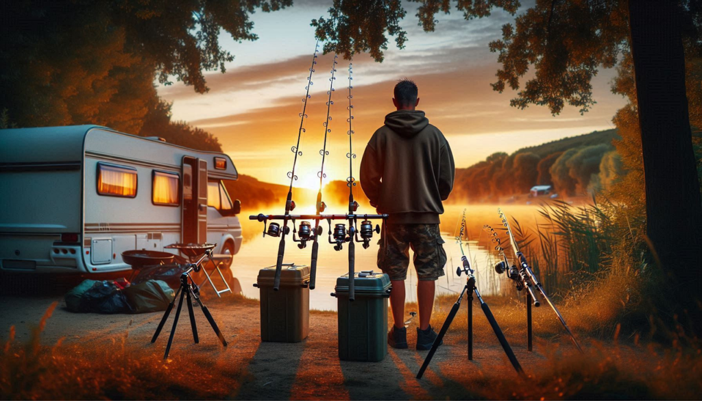 ai generated, camper, man, lake, fishing, water, the needle, landscape, nature-8905944.jpg