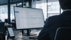 Schermo di un computer con una casella di posta elettronica aperta e notifiche promozionali, in un moderno ambiente di lavoro: immagine simbolica delle violazioni della privacy contestate a Piaggio e Altroconsumo