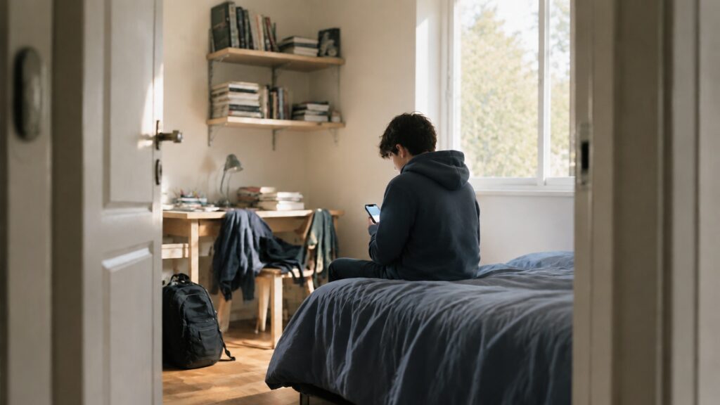 Adolescente seduto sul letto mentre usa lo smartphone in una camera illuminata dalla luce naturale, con libri e zaino sullo sfondo.