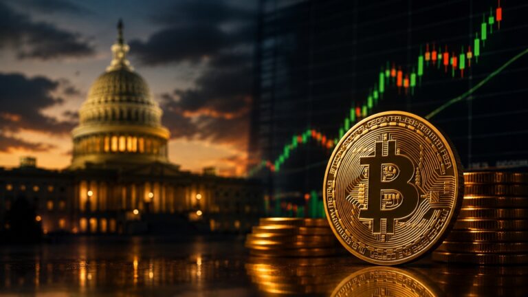Bitcoin dorato in primo piano con il Campidoglio degli Stati Uniti sullo sfondo e un grafico finanziario in rialzo, simbolo del dibattito americano sul Clarity Act e della crescita delle criptovalute