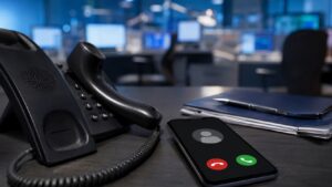 Telefono fisso con cornetta sollevata e smartphone che mostra una chiamata in arrivo, all’interno di un call center moderno con postazioni illuminate sullo sfondo