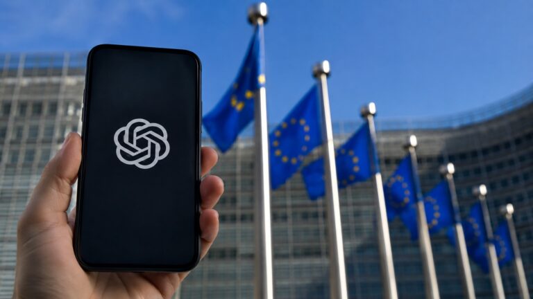 Smartphone con ChatGPT davanti alle bandiere dell’Unione europea, immagine simbolica della designazione del servizio ai sensi del Digital Services Act