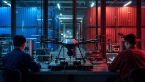 Drone industriale sottoposto a test in un laboratorio tecnologico, con due tecnici al lavoro e container illuminati di blu e rosso sullo sfondo, simbolo dello scontro commerciale tra Stati Uniti e Cina.