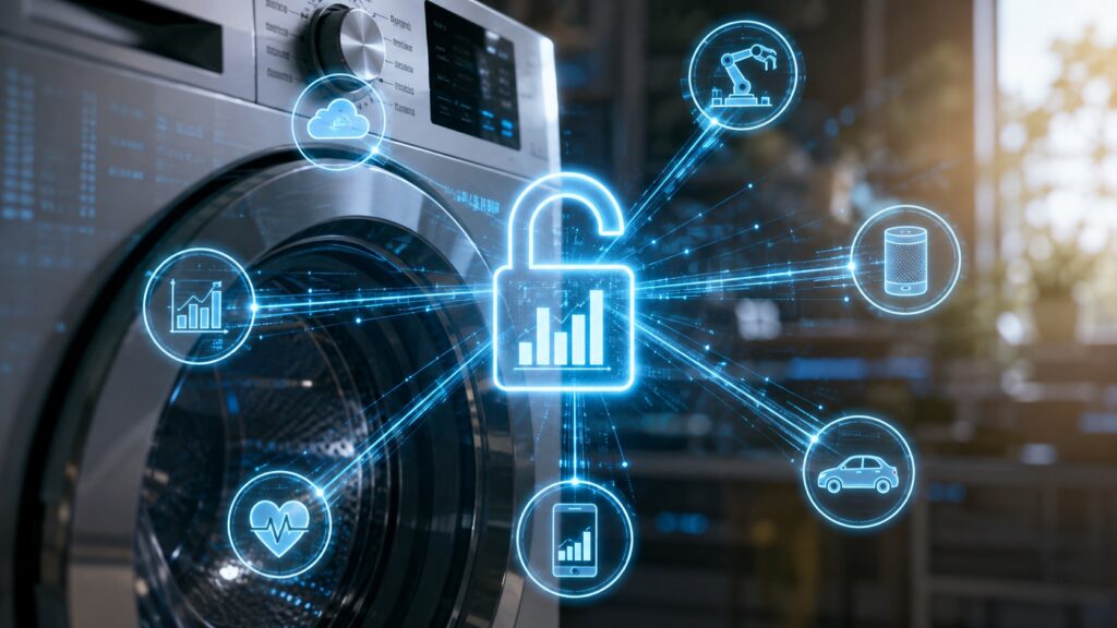 Elettrodomestico intelligente connesso a una rete digitale che rappresenta la condivisione e l'accesso ai dati generati dai dispositivi IoT secondo il Data Act europeo
