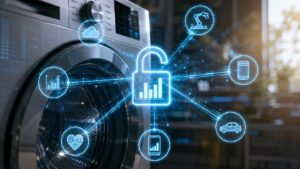 Elettrodomestico intelligente connesso a una rete digitale che rappresenta la condivisione e l'accesso ai dati generati dai dispositivi IoT secondo il Data Act europeo