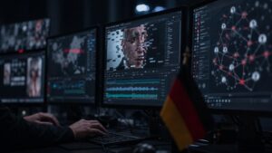 Centrale di monitoraggio digitale con schermi che mostrano un volto manipolato e una rete di account coordinati, mentre sullo sfondo compare una bandiera tedesca sfocata.
