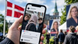 Mano che tiene uno smartphone con un post politico contenente un’immagine generata dall’intelligenza artificiale, sullo sfondo bandiera danese e manifesti elettorali sfocati
