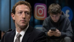Mark Zuckerberg in primo piano durante un’audizione, con sullo sfondo un adolescente che utilizza uno smartphone e i simboli dei social network, immagine rappresentativa del processo Meta sulla sicurezza online dei minori.