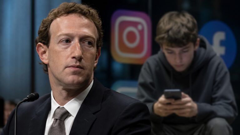 Mark Zuckerberg in primo piano durante un’audizione, con sullo sfondo un adolescente che utilizza uno smartphone e i simboli dei social network, immagine rappresentativa del processo Meta sulla sicurezza online dei minori.