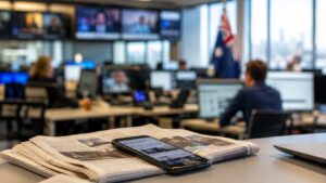 Smartphone appoggiato su alcuni giornali all’interno di una moderna redazione australiana, con giornalisti al lavoro e una bandiera dell’Australia sullo sfondo