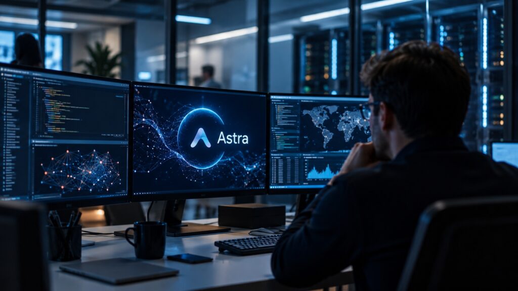 Centro operativo di cybersecurity con un tecnico davanti a più monitor che mostrano il modello Astra, codice e sistemi di analisi delle reti informatiche.