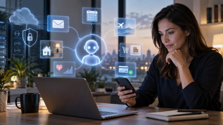 Donna davanti al computer e allo smartphone mentre un assistente di intelligenza artificiale è collegato simbolicamente a email, calendario, pagamenti, acquisti, salute, viaggi e dispositivi domestici.