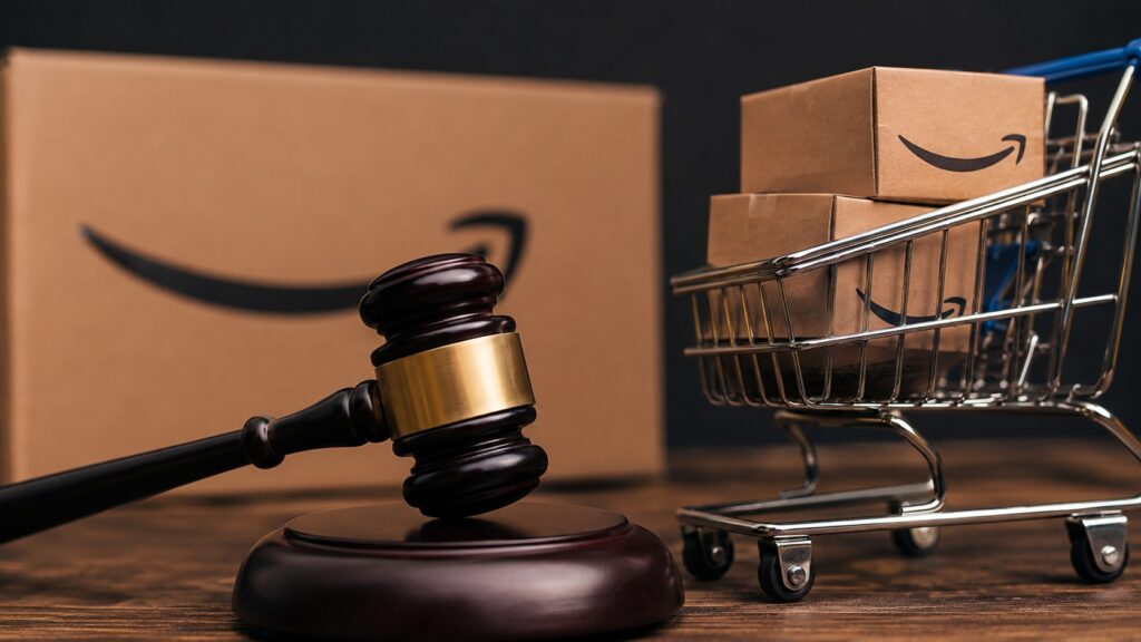 Martelletto da giudice accanto a un carrello con pacchi Amazon, immagine simbolica della causa avviata negli Stati Uniti sul sistema delle aste pubblicitarie.