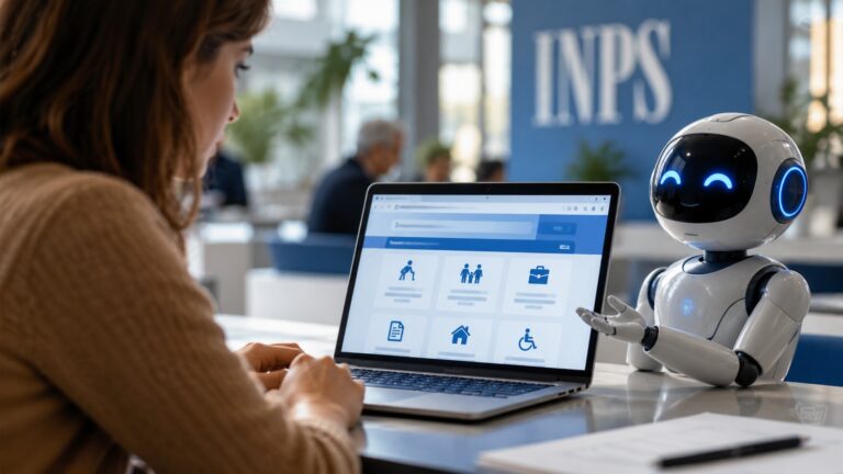 INPS, arriva Arianna: l’intelligenza artificiale aiuterà i cittadini a orientarsi tra oltre 400 prestazioni Immagine illustrativa realizzata con intelligenza artificiale: una donna utilizza un computer portatile affiancata da un assistente robotico, simbolo di Arianna, il nuovo servizio IA dell’INPS per orientare i cittadini tra oltre 400 prestazioni previdenziali e assistenziali.