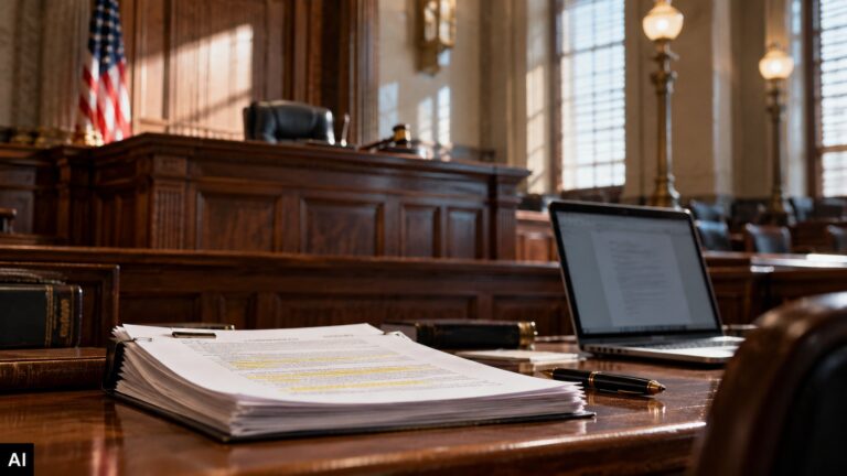 Aula di tribunale statunitense con documenti giudiziari, codici e computer portatile, immagine simbolica dell'utilizzo dell'intelligenza artificiale nella giustizia.