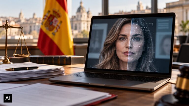Deepfake politico in Spagna, la moglie di Sánchez denuncia il Partito Popolare: «Mi hanno fatto confessare fatti mai ammessi» Schermo di un computer con il volto di una donna parzialmente ricostruito dall'intelligenza artificiale, su una scrivania con documenti giuridici e una bandiera spagnola sullo sfondo. Immagine illustrativa generata con IA