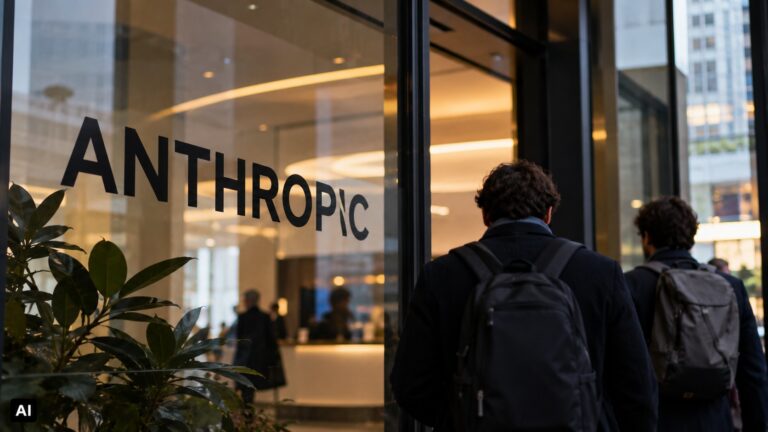 Anthropic verso Wall Street: l’intelligenza artificiale vale già 2.000 miliardi di dollari? Ingresso di una moderna sede aziendale con il logo Anthropic sulla vetrata e due persone che entrano nell’edificio, immagine simbolica della possibile quotazione in Borsa della società di intelligenza artificiale sviluppatrice di Claude