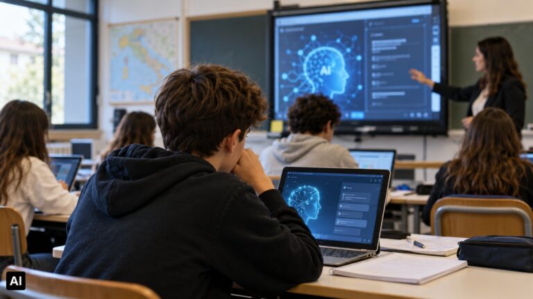 Scuola, Valditara: «L’intelligenza artificiale cambierà la didattica e il lavoro». Già digitalizzate 156mila aule Studenti in un’aula scolastica moderna utilizzano computer portatili durante una lezione sull’intelligenza artificiale, mentre un insegnante illustra alla lavagna digitale il funzionamento delle nuove tecnologie