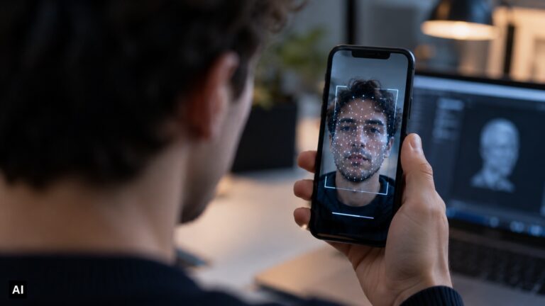 Grok sotto accusa per i selfie degli utenti: due class action contro l’IA di Elon Musk Smartphone con un volto sottoposto a scansione biometrica davanti a un tribunale americano. Immagine illustrativa delle class action contro Grok per il trattamento dei dati biometrici