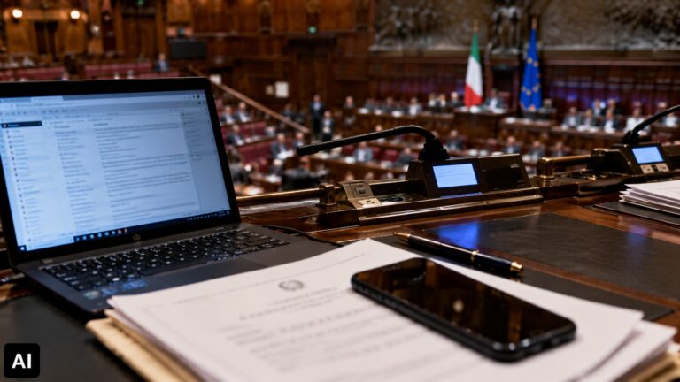 Ricostruzione fotografica con intelligenza artificiale di una postazione informatica all'interno di un'aula parlamentare, con computer, documenti e smartphone in primo piano, per illustrare l'attacco hacker alle email della Camera dei deputati