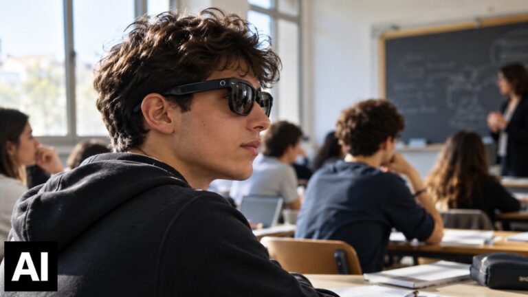 Occhiali Meta nelle scuole, scatta l’allarme privacy: il Garante verifica l’uso tra gli studenti Studente con occhiali intelligenti dotati di fotocamera durante una lezione scolastica, mentre cresce l'attenzione del Garante Privacy sui rischi delle registrazioni nelle aule.