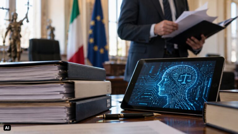 Fascicoli giuridici e tablet con rappresentazione dell'intelligenza artificiale, sullo sfondo le bandiere italiana ed europea. Immagine illustrativa del decreto italiano sull'IA.
